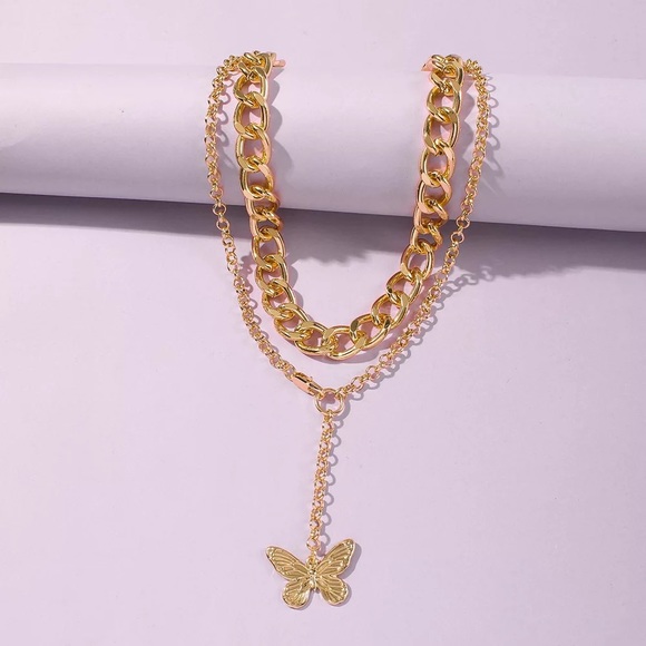 Double Chain Gold Butterfly Necklace Set - Picture 4 of 5